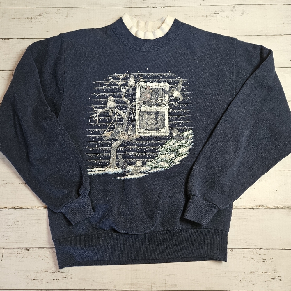 Vintage Jerzees Double Collar‎ Navy Bird Print Sweatshirt Size Small